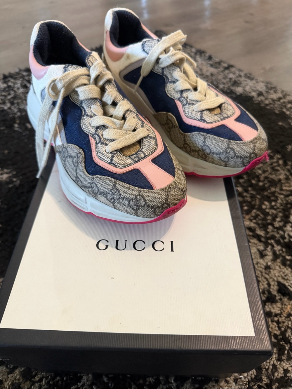 Gucci Pink and Navy GG Logo Runner Sneakers